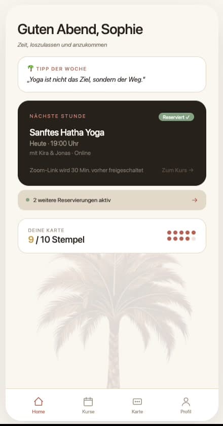 Die URSELF Web App: Startbildschirm mit nächstem Kurs und Stempelkarte (9 von 10 Stempeln).